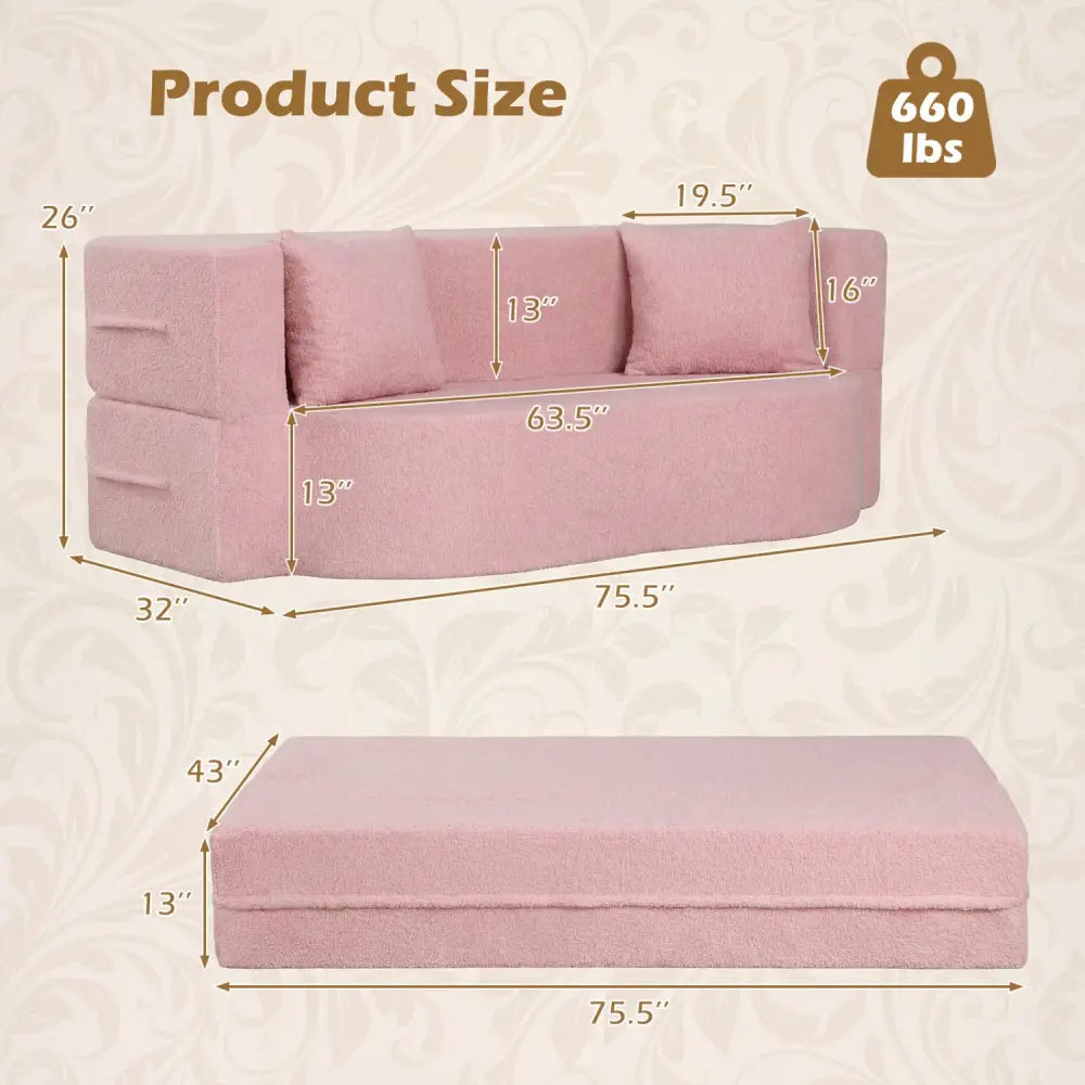 75.5 inch Folding Sofa Bed 2-in-1 Convertible Teddy Fleece Floor Loveseat with 2 Comfortable Pillows-Pink - Pink