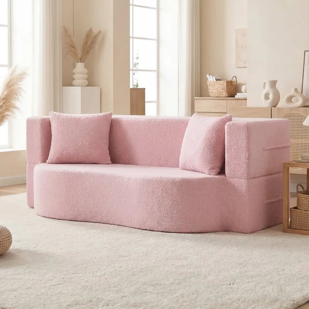 75.5 inch Folding Sofa Bed 2-in-1 Convertible Teddy Fleece Floor Loveseat with 2 Comfortable Pillows-Pink - Pink