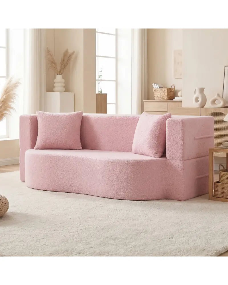 75.5 inch Folding Sofa Bed 2-in-1 Convertible Teddy Fleece Floor Loveseat with 2 Comfortable Pillows-Pink - Pink