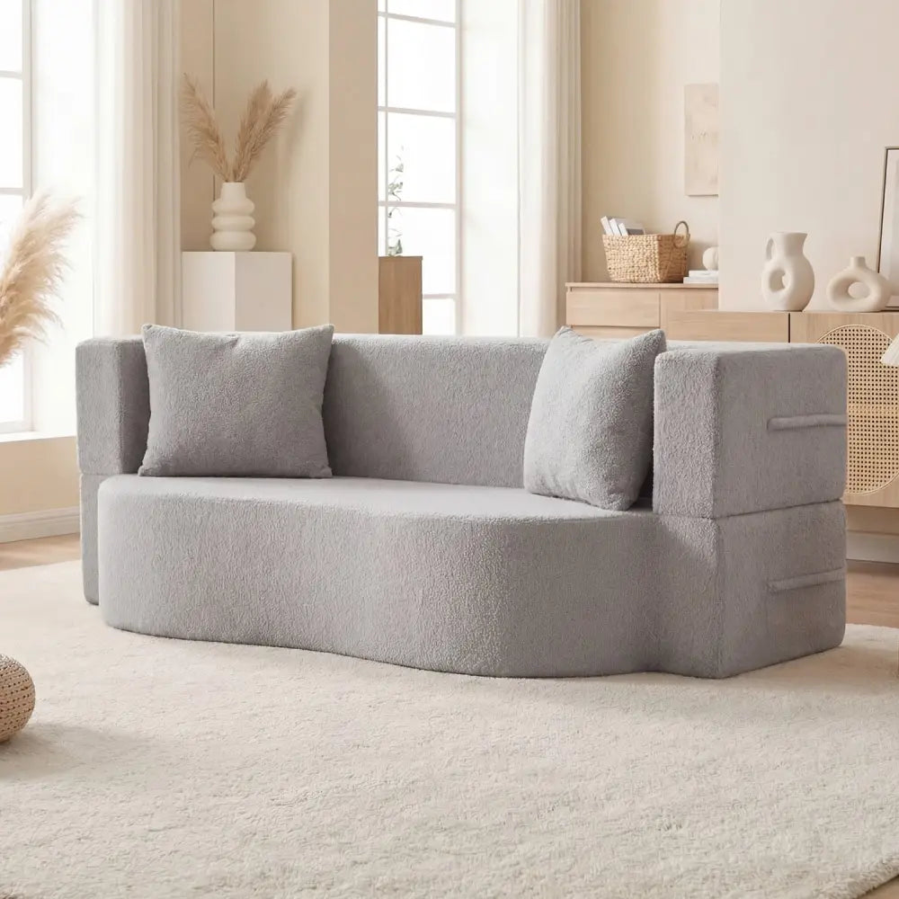 75.5 inch Folding Sofa Bed 2-in-1 Convertible Teddy Fleece Floor Loveseat with 2 Comfortable Pillows-Gray - Gray