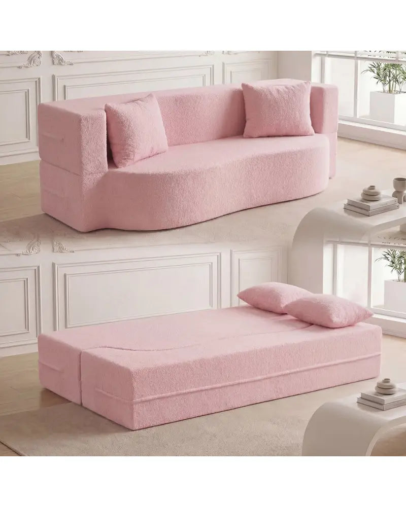75.5 inch Folding Sofa Bed 2-in-1 Convertible Teddy Fleece Floor Loveseat with 2 Comfortable Pillows-Pink - Pink
