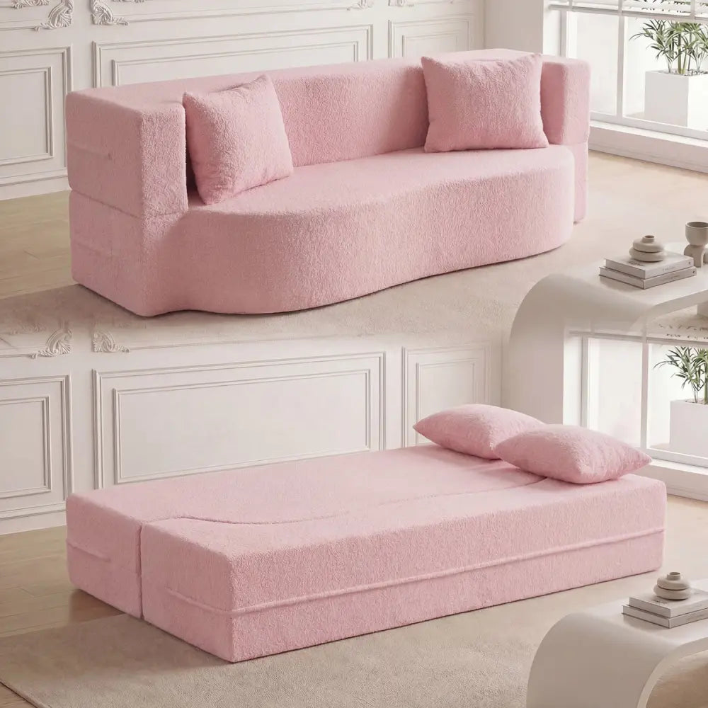 75.5 inch Folding Sofa Bed 2-in-1 Convertible Teddy Fleece Floor Loveseat with 2 Comfortable Pillows-Pink - Pink