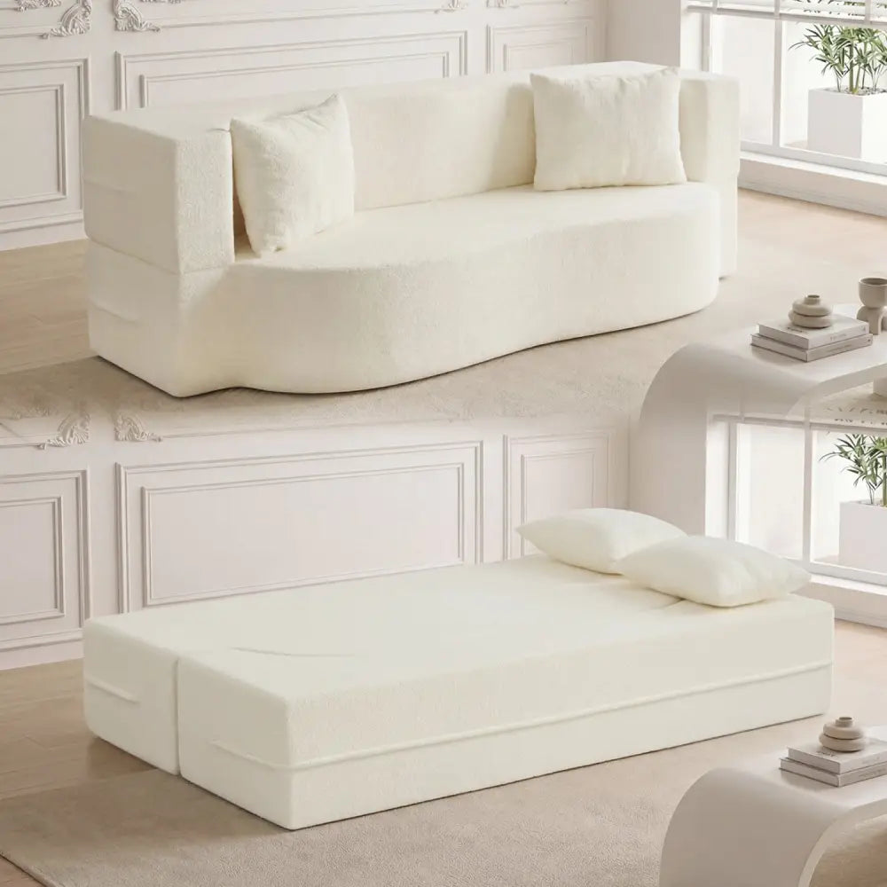 75.5 inch Folding Sofa Bed 2-in-1 Convertible Teddy Fleece Floor Loveseat with 2 Comfortable Pillows-Beige - Beige