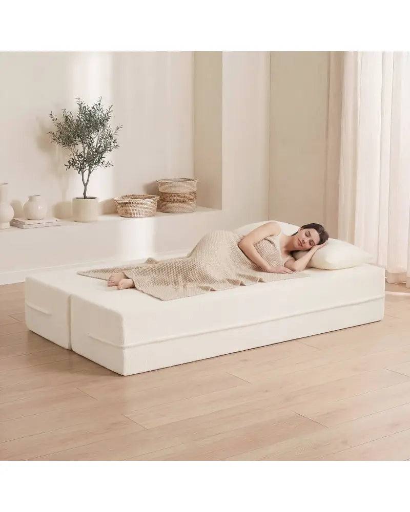 75.5 inch Folding Sofa Bed 2-in-1 Convertible Teddy Fleece Floor Loveseat with 2 Comfortable Pillows-Beige - Beige