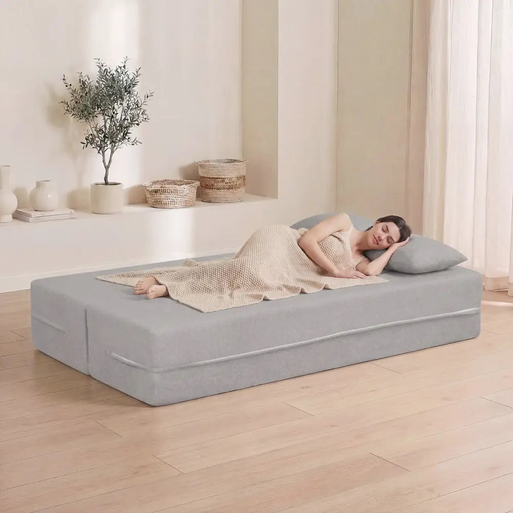 75.5 inch Folding Sofa Bed 2-in-1 Convertible Teddy Fleece Floor Loveseat with 2 Comfortable Pillows-Gray - Gray