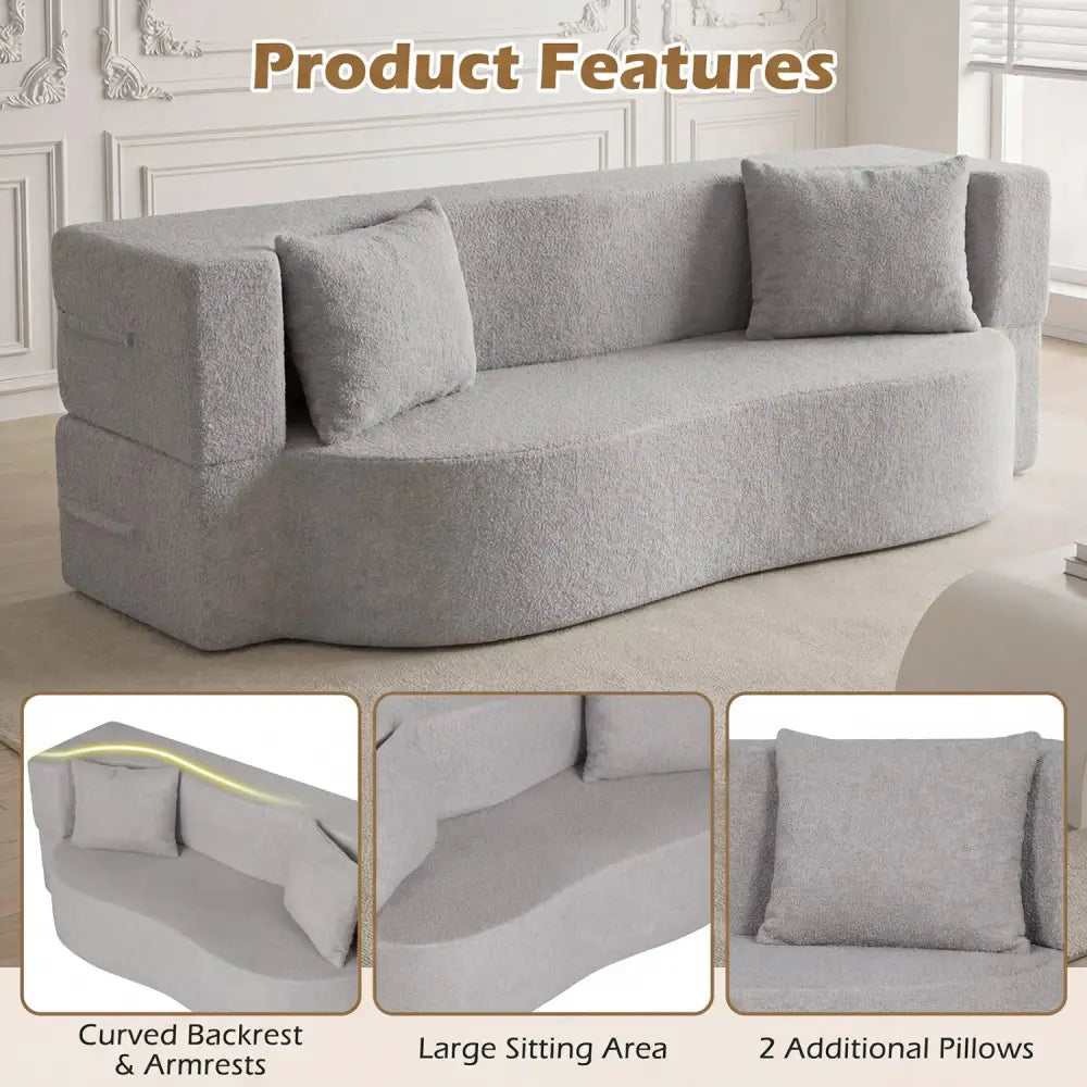 75.5 inch Folding Sofa Bed 2-in-1 Convertible Teddy Fleece Floor Loveseat with 2 Comfortable Pillows-Gray - Gray