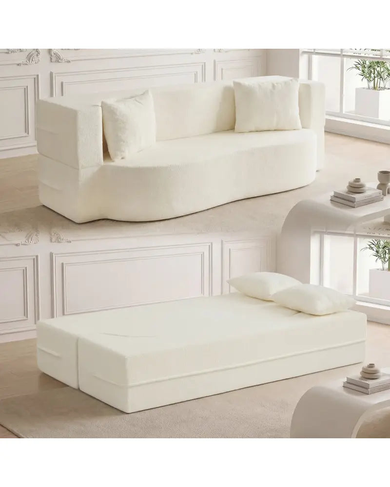 75.5 inch Folding Sofa Bed 2-in-1 Convertible Teddy Fleece Floor Loveseat with 2 Comfortable Pillows-Beige - Beige
