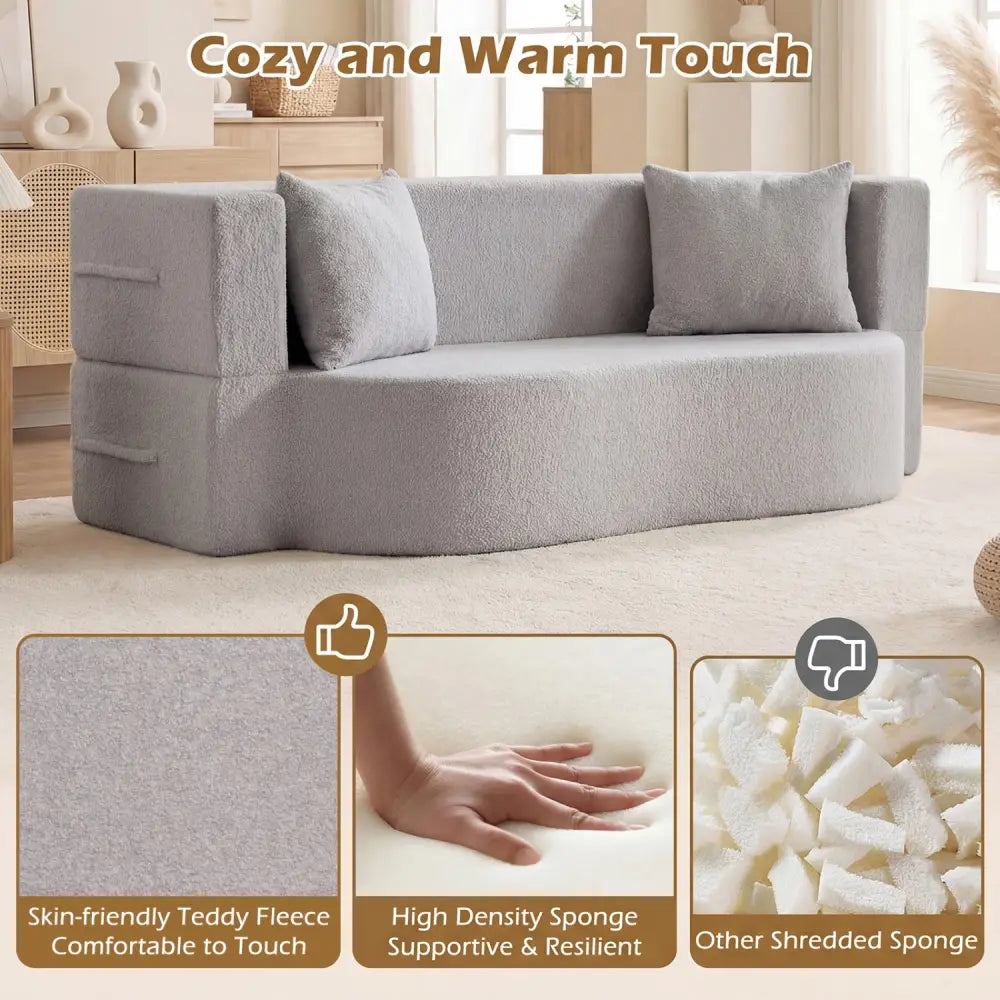 75.5 inch Folding Sofa Bed 2-in-1 Convertible Teddy Fleece Floor Loveseat with 2 Comfortable Pillows-Gray - Gray