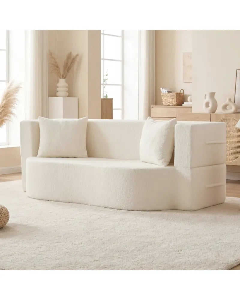 75.5 inch Folding Sofa Bed 2-in-1 Convertible Teddy Fleece Floor Loveseat with 2 Comfortable Pillows-Beige - Beige