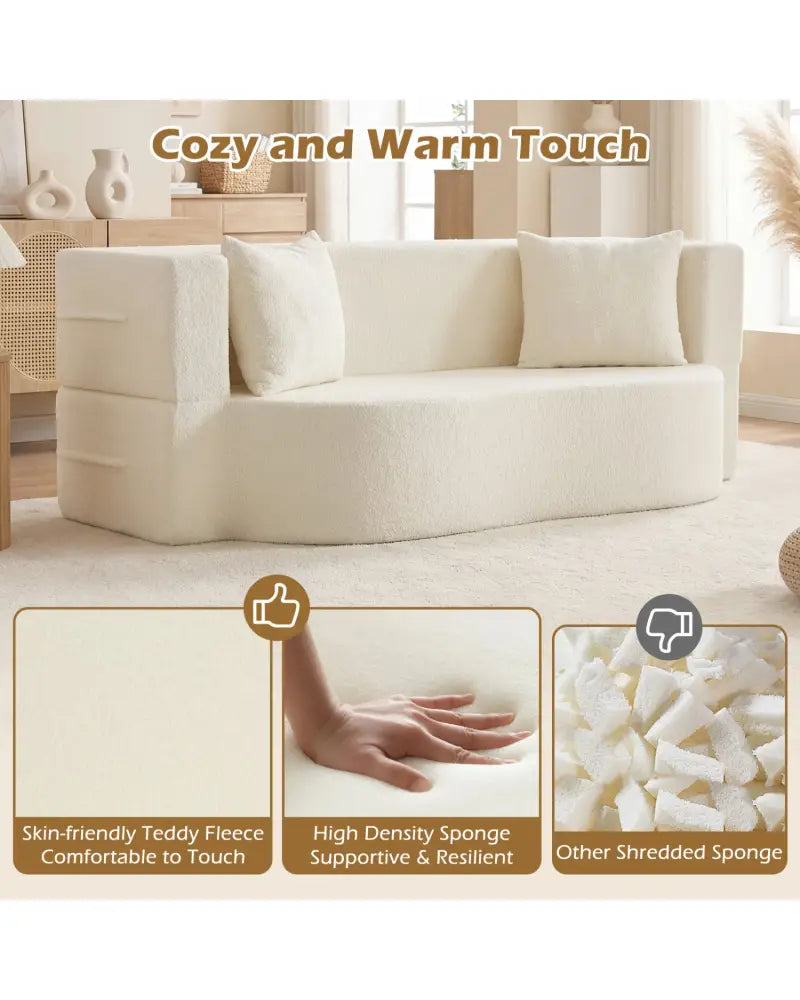 75.5 inch Folding Sofa Bed 2-in-1 Convertible Teddy Fleece Floor Loveseat with 2 Comfortable Pillows-Beige - Beige