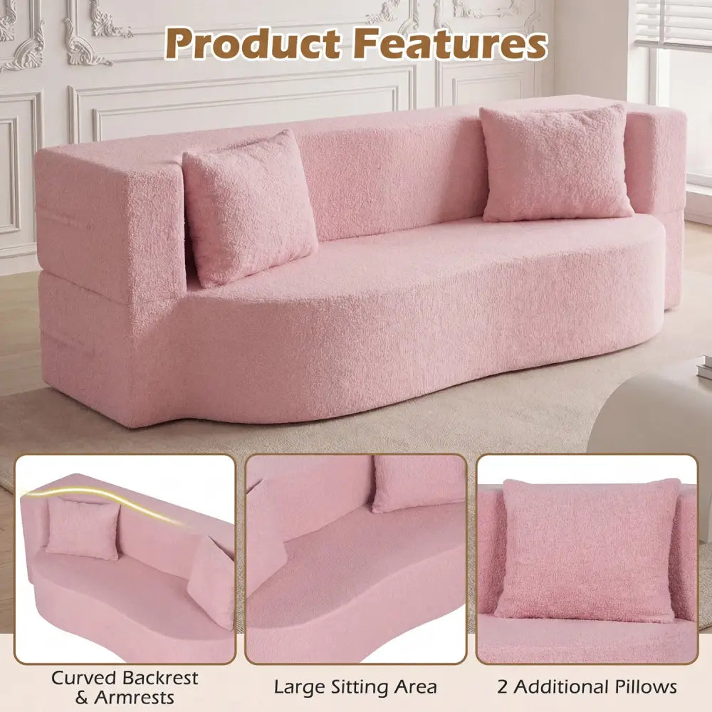 75.5 inch Folding Sofa Bed 2-in-1 Convertible Teddy Fleece Floor Loveseat with 2 Comfortable Pillows-Pink - Pink