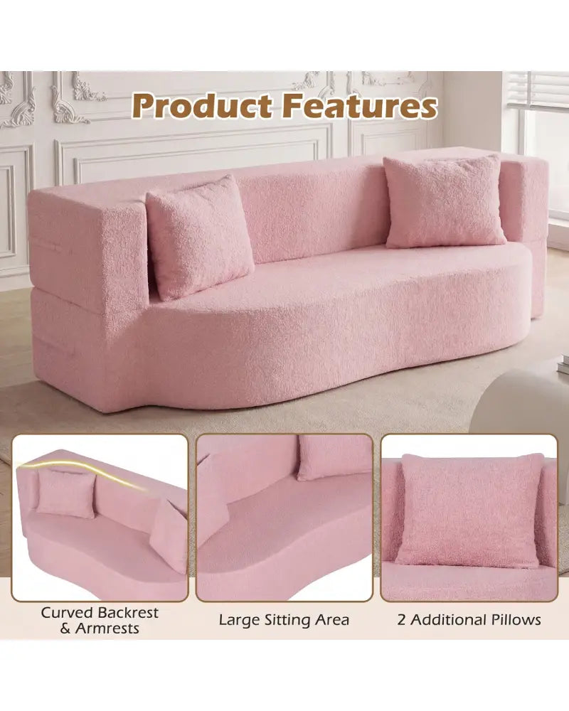 75.5 inch Folding Sofa Bed 2-in-1 Convertible Teddy Fleece Floor Loveseat with 2 Comfortable Pillows-Pink - Pink
