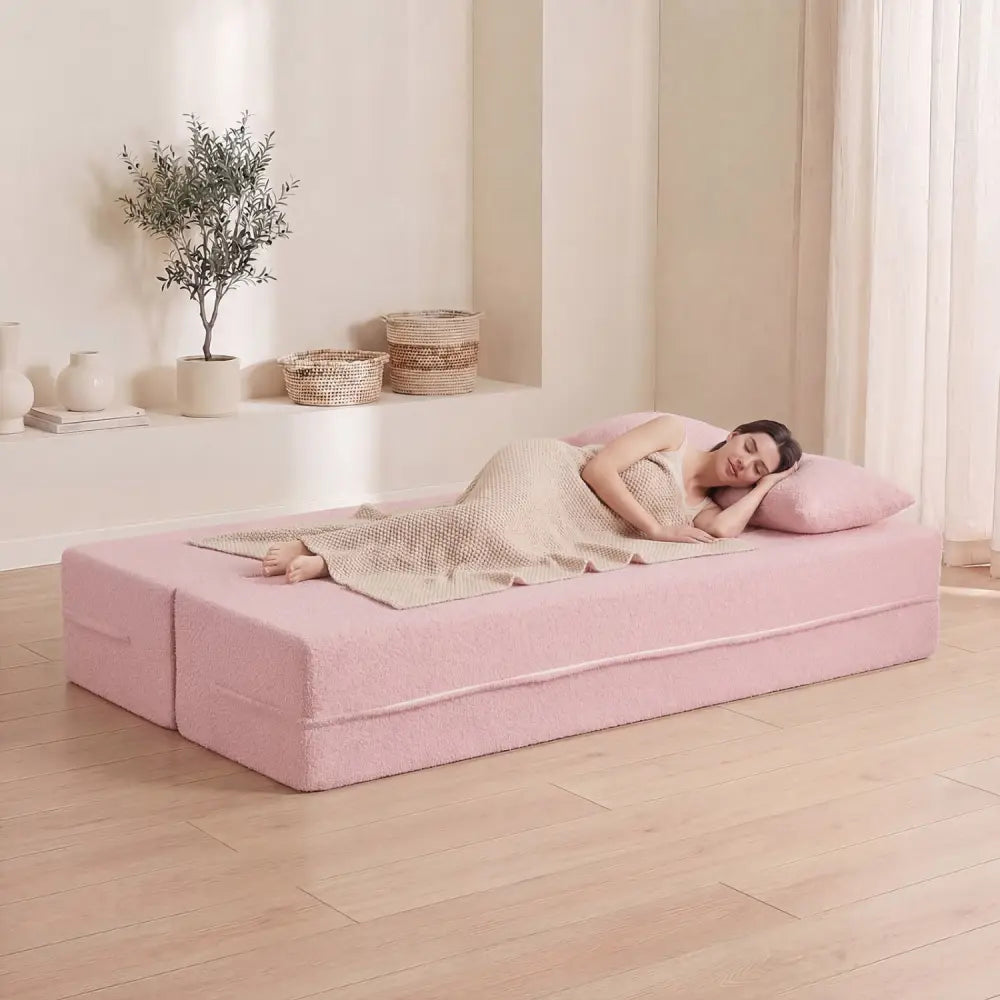 75.5 inch Folding Sofa Bed 2-in-1 Convertible Teddy Fleece Floor Loveseat with 2 Comfortable Pillows-Pink - Pink
