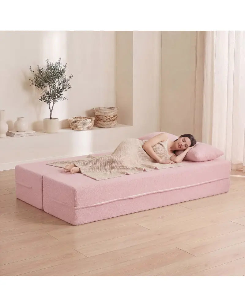 75.5 inch Folding Sofa Bed 2-in-1 Convertible Teddy Fleece Floor Loveseat with 2 Comfortable Pillows-Pink - Pink