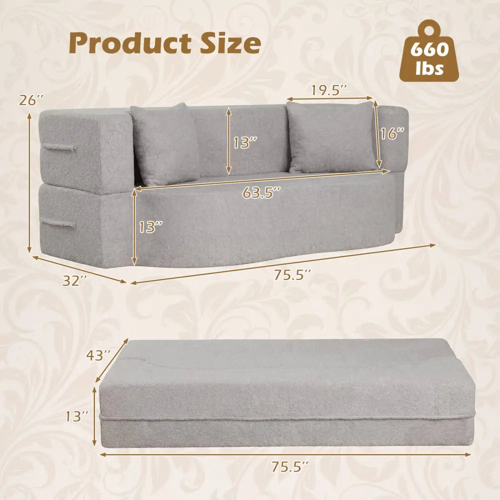 75.5 inch Folding Sofa Bed 2-in-1 Convertible Teddy Fleece Floor Loveseat with 2 Comfortable Pillows-Gray - Gray