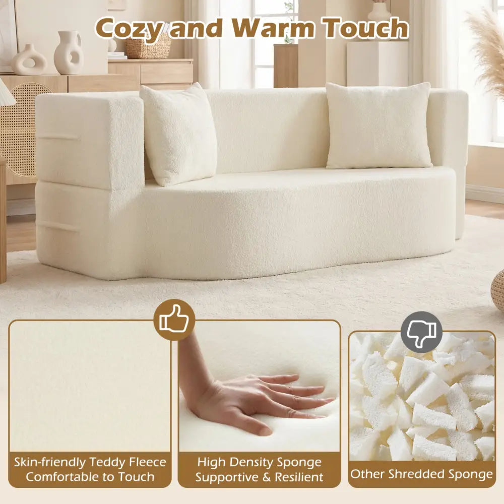 75.5 inch Folding Sofa Bed 2-in-1 Convertible Teddy Fleece Floor Loveseat with 2 Comfortable Pillows-Beige - Beige