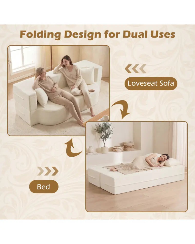 75.5 inch Folding Sofa Bed 2-in-1 Convertible Teddy Fleece Floor Loveseat with 2 Comfortable Pillows-Beige - Beige