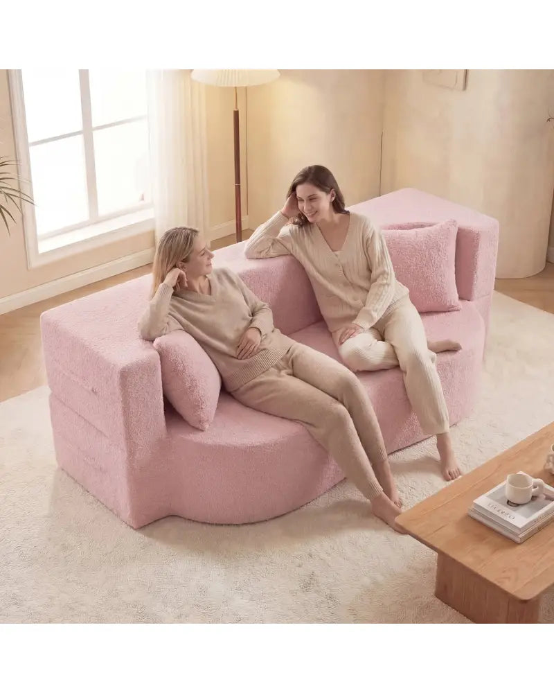 75.5 inch Folding Sofa Bed 2-in-1 Convertible Teddy Fleece Floor Loveseat with 2 Comfortable Pillows-Pink - Pink