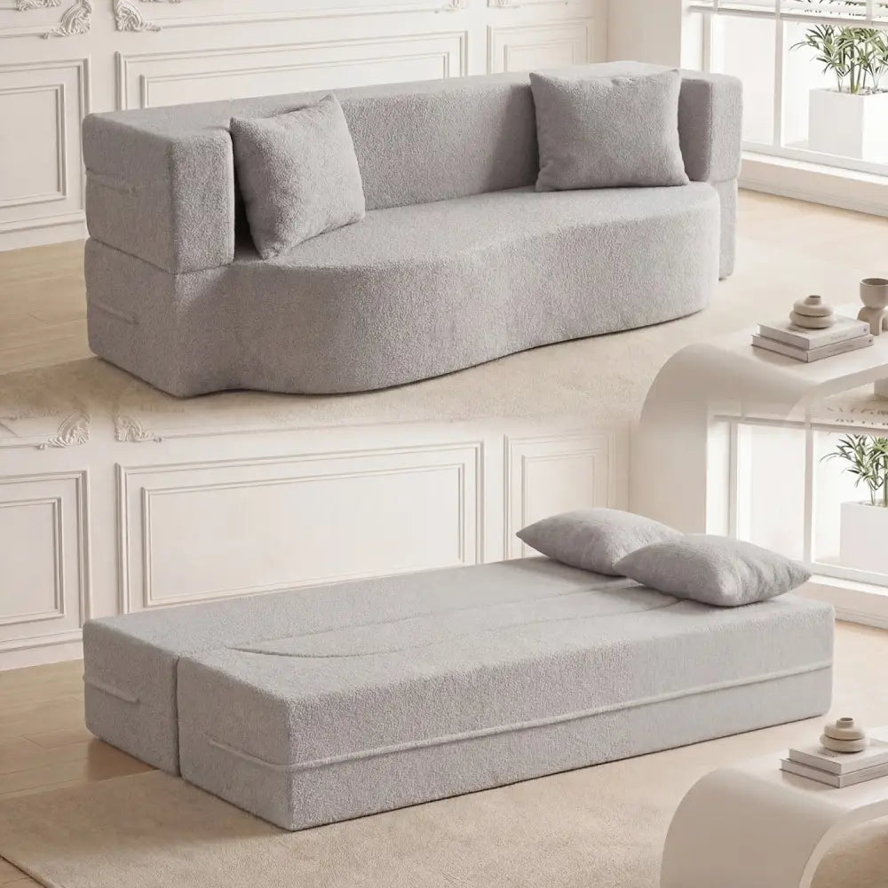 75.5 inch Folding Sofa Bed 2-in-1 Convertible Teddy Fleece Floor Loveseat with 2 Comfortable Pillows-Gray - Gray