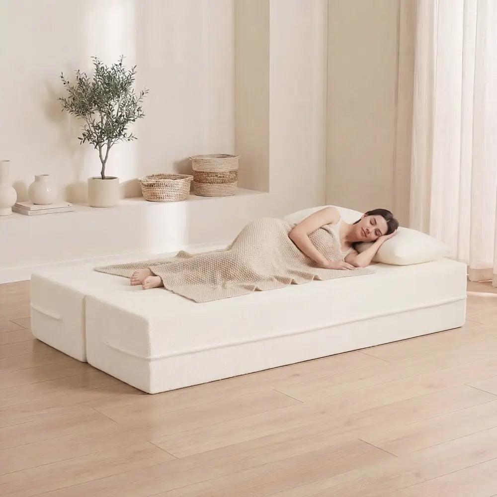 75.5 inch Folding Sofa Bed 2-in-1 Convertible Teddy Fleece Floor Loveseat with 2 Comfortable Pillows-Beige - Beige