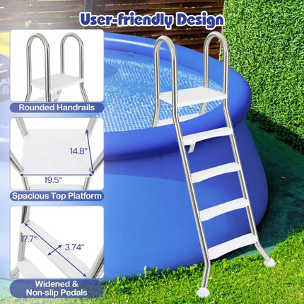 75.6’’ Above Ground Pool Ladder A-Frame Swimming Pool 4-Step Ladder for Up to 55’’ Pool Wall Height - Silver - Swimming