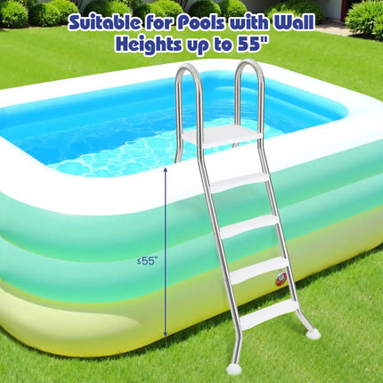 75.6’’ Above Ground Pool Ladder A-Frame Swimming Pool 4-Step Ladder for Up to 55’’ Pool Wall Height - Silver - Swimming