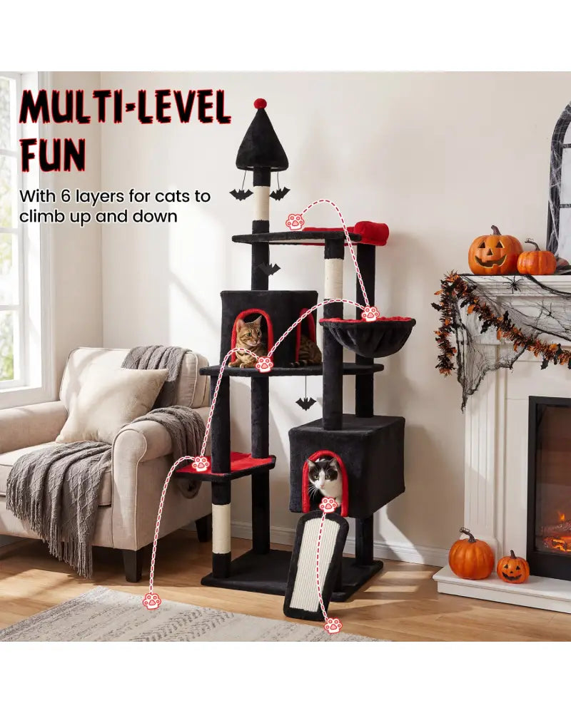 75 Inch Gothic Cat Tree with 2 Condos and Top Perch for Large Cats 20+ LBS-Black - Black - Cat Trees Condos & Scratchers