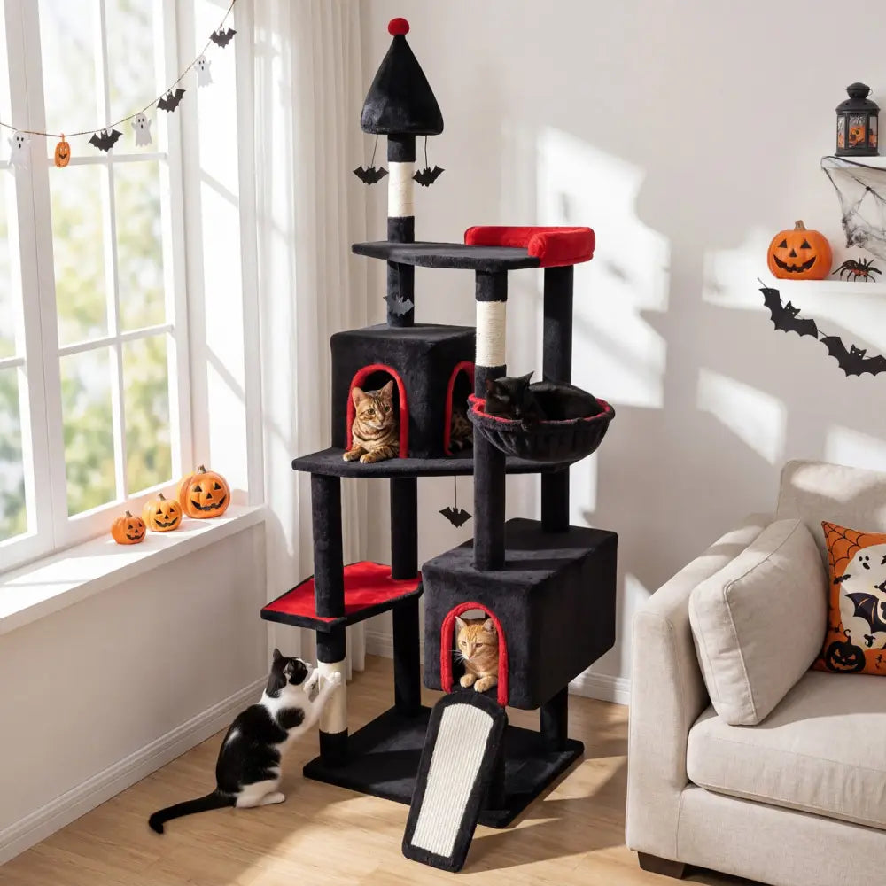 75 Inch Gothic Cat Tree with 2 Condos and Top Perch for Large Cats 20+ LBS-Black - Black - Cat Trees Condos & Scratchers