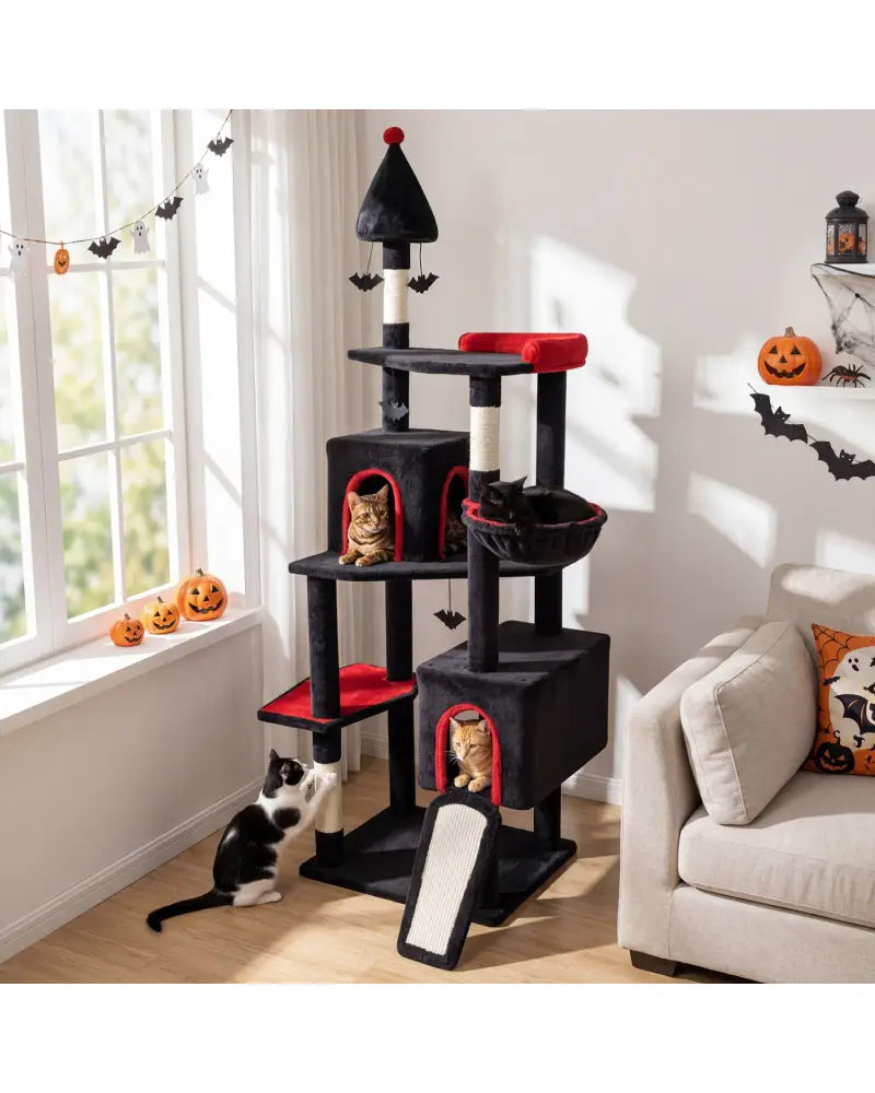 75 Inch Gothic Cat Tree with 2 Condos and Top Perch for Large Cats 20+ LBS-Black - Black - Cat Trees Condos & Scratchers