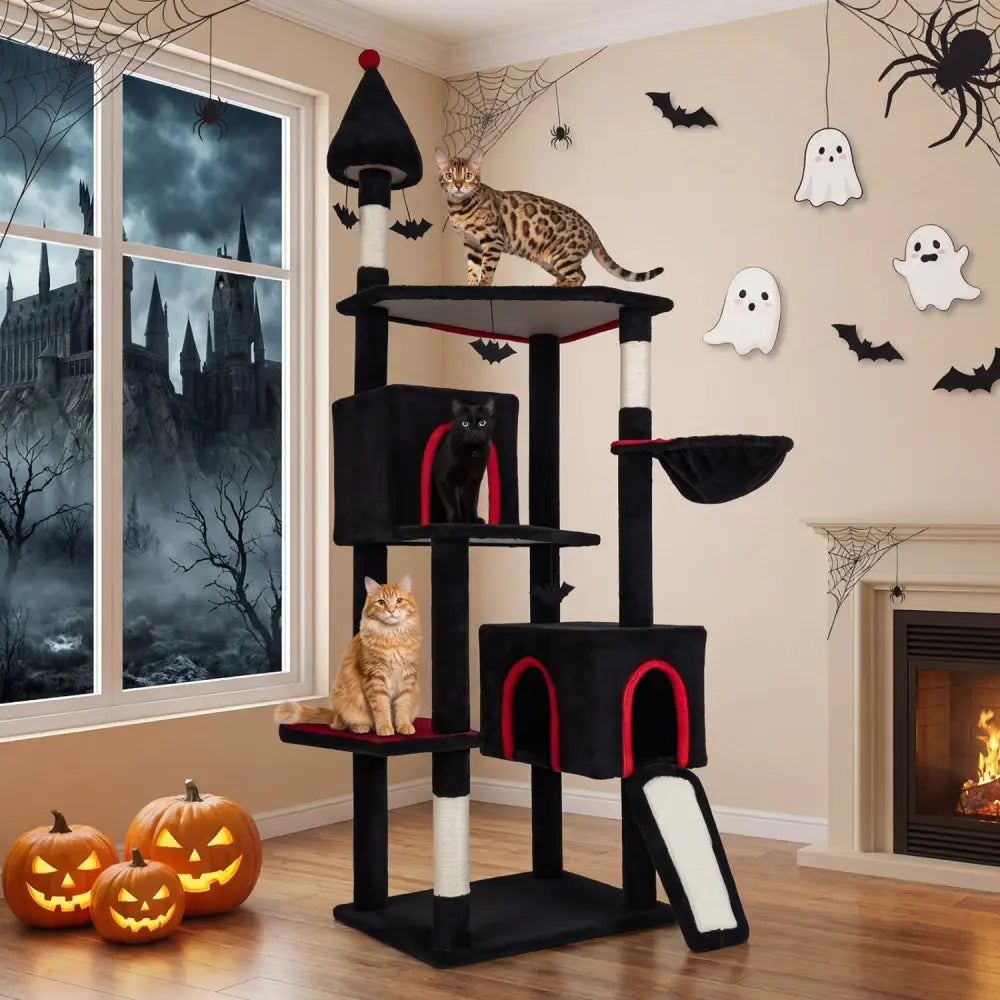 75 Inch Gothic Cat Tree with 2 Condos and Top Perch for Large Cats 20+ LBS-Black - Black - Cat Trees Condos & Scratchers
