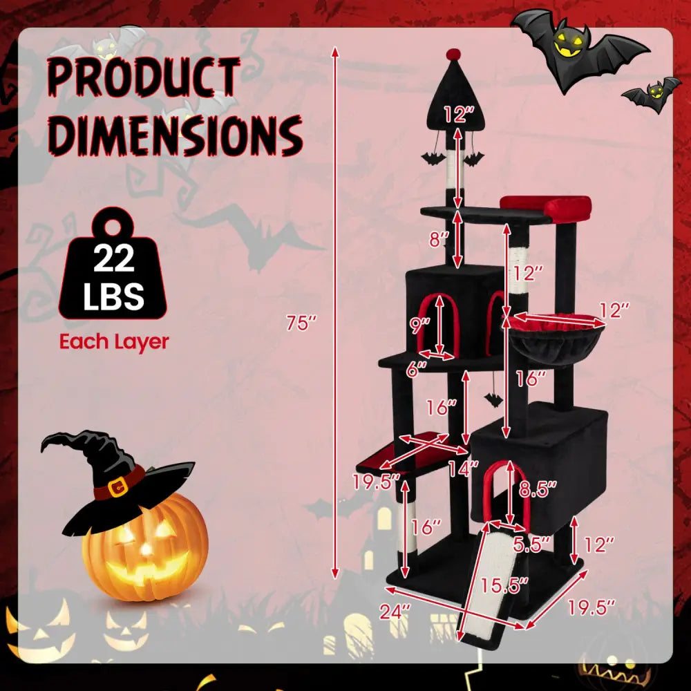 75 Inch Gothic Cat Tree with 2 Condos and Top Perch for Large Cats 20+ LBS-Black - Black - Cat Trees Condos & Scratchers