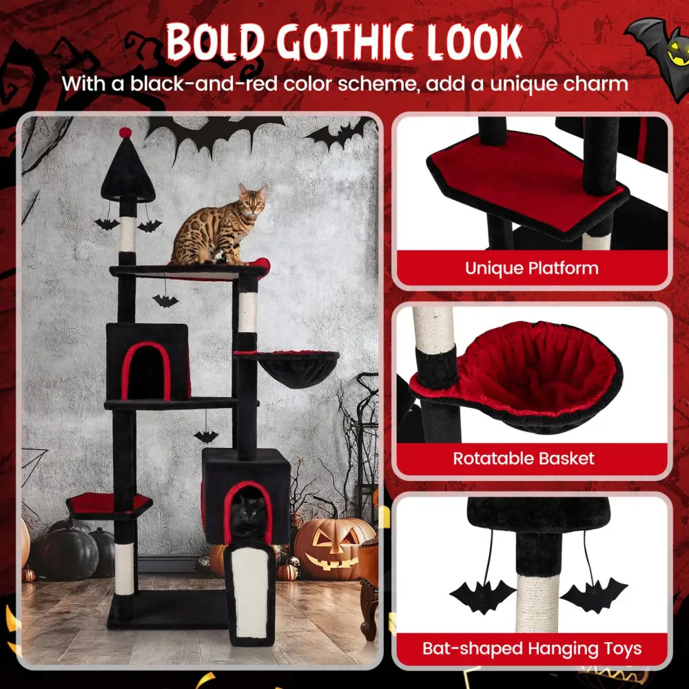 75 Inch Gothic Cat Tree with 2 Condos and Top Perch for Large Cats 20+ LBS-Black - Black - Cat Trees Condos & Scratchers