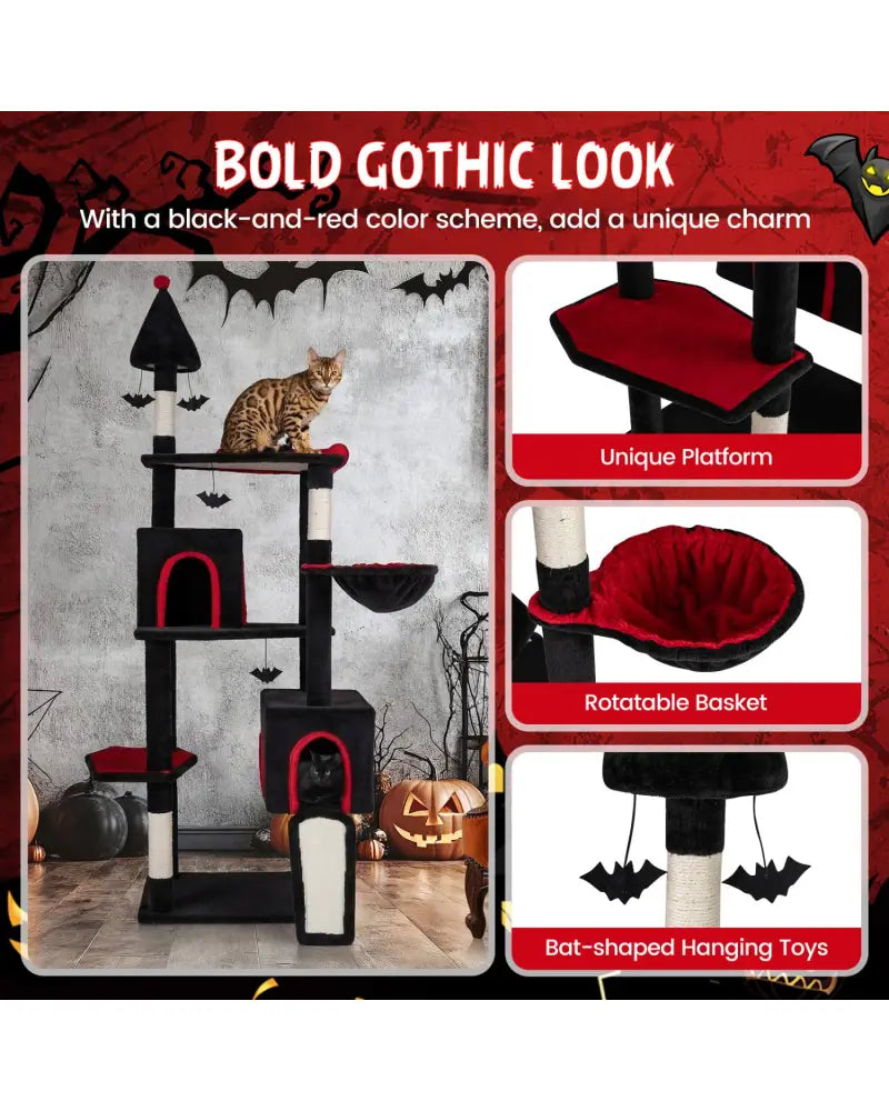 75 Inch Gothic Cat Tree with 2 Condos and Top Perch for Large Cats 20+ LBS-Black - Black - Cat Trees Condos & Scratchers