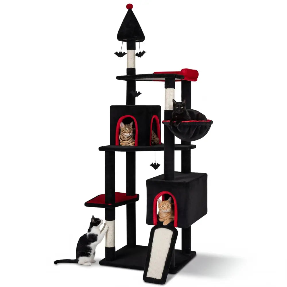 75 Inch Gothic Cat Tree with 2 Condos and Top Perch for Large Cats 20+ LBS-Black - Black - Cat Trees Condos & Scratchers