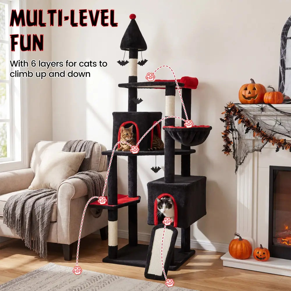 75 Inch Gothic Cat Tree with 2 Condos and Top Perch for Large Cats 20+ LBS-Black - Black - Cat Trees Condos & Scratchers