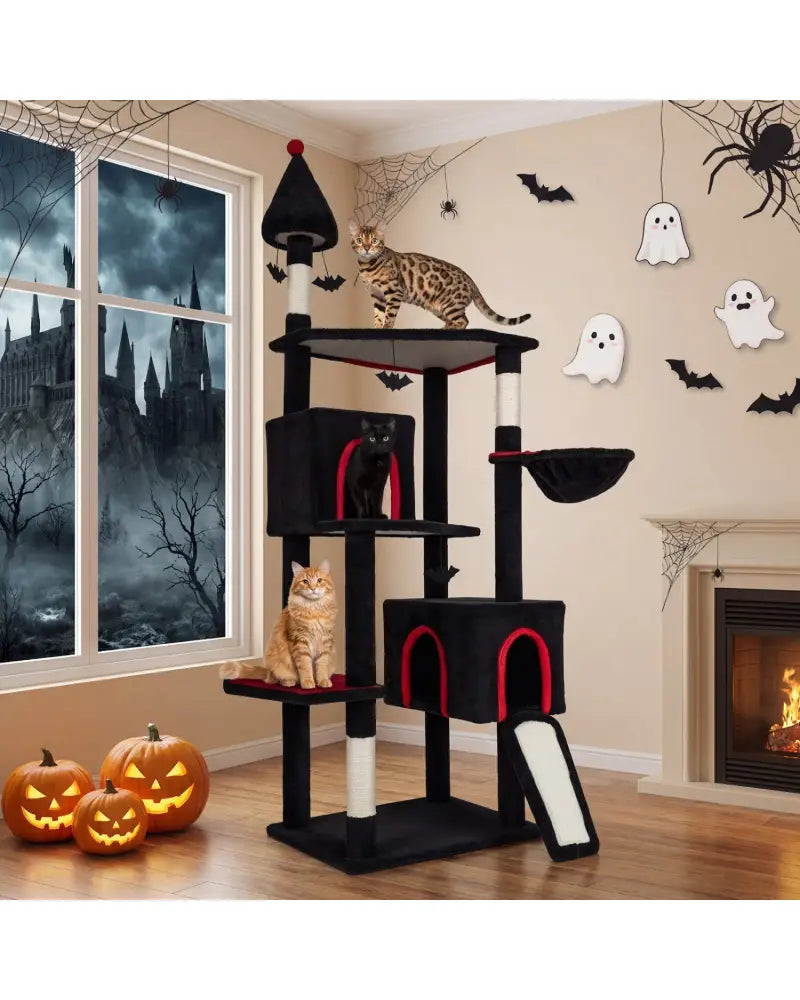 75 Inch Gothic Cat Tree with 2 Condos and Top Perch for Large Cats 20+ LBS-Black - Black - Cat Trees Condos & Scratchers