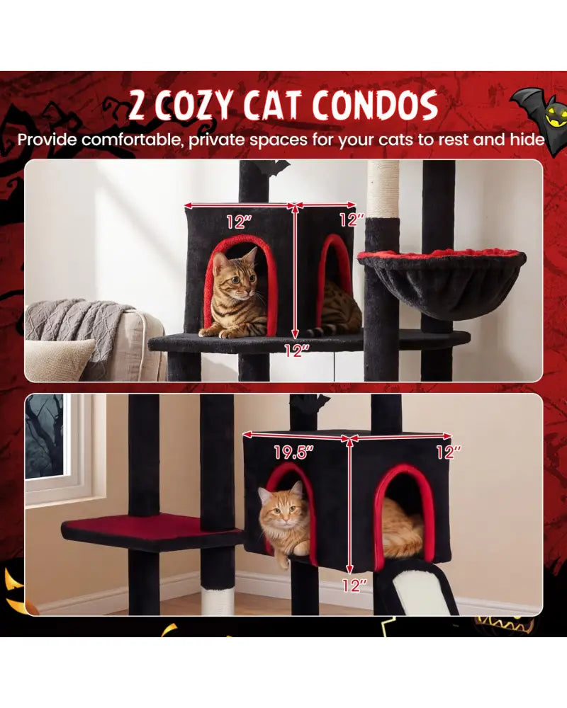 75 Inch Gothic Cat Tree with 2 Condos and Top Perch for Large Cats 20+ LBS-Black - Black - Cat Trees Condos & Scratchers
