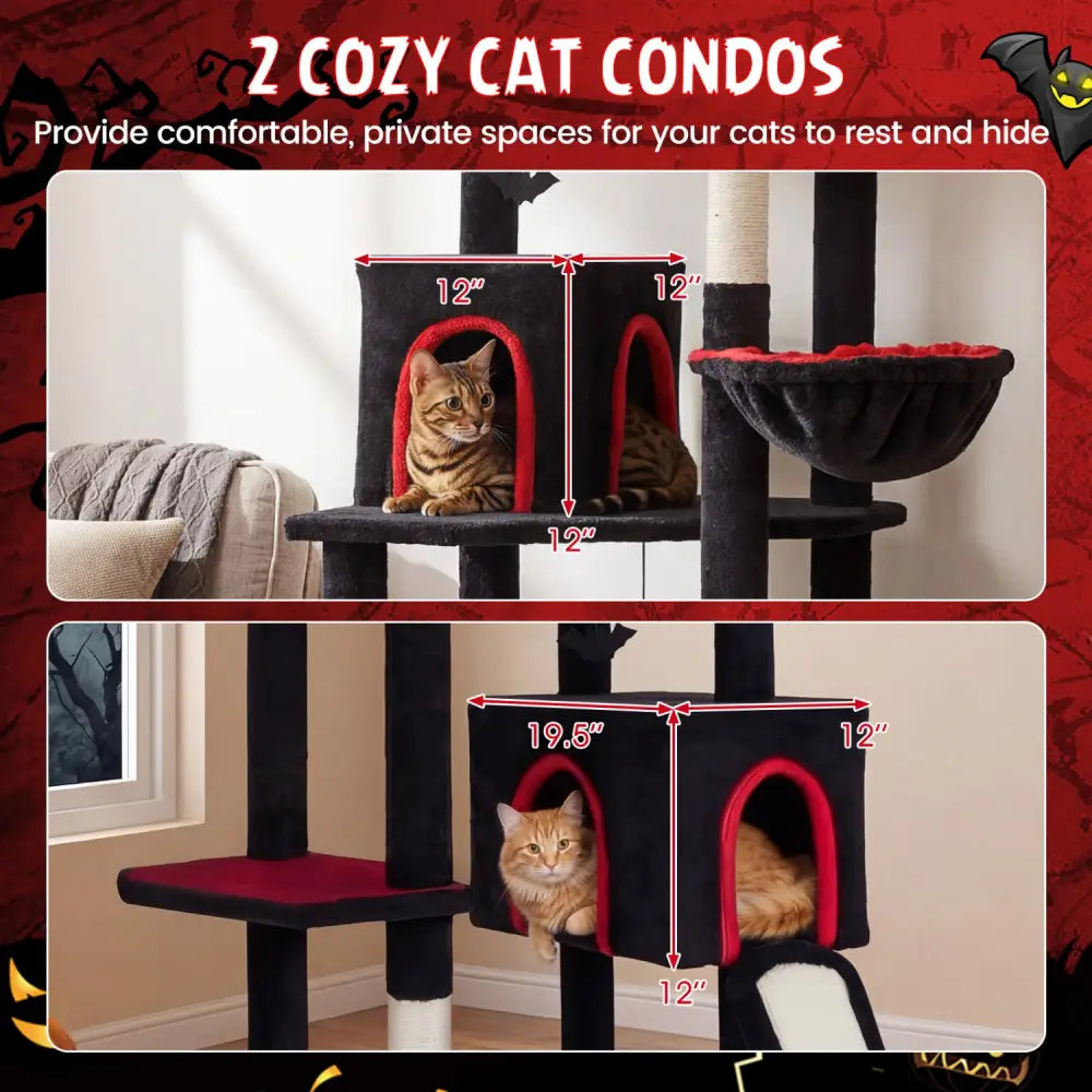 75 Inch Gothic Cat Tree with 2 Condos and Top Perch for Large Cats 20+ LBS-Black - Black - Cat Trees Condos & Scratchers