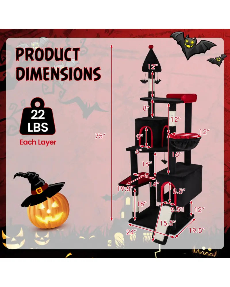 75 Inch Gothic Cat Tree with 2 Condos and Top Perch for Large Cats 20+ LBS-Black - Black - Cat Trees Condos & Scratchers