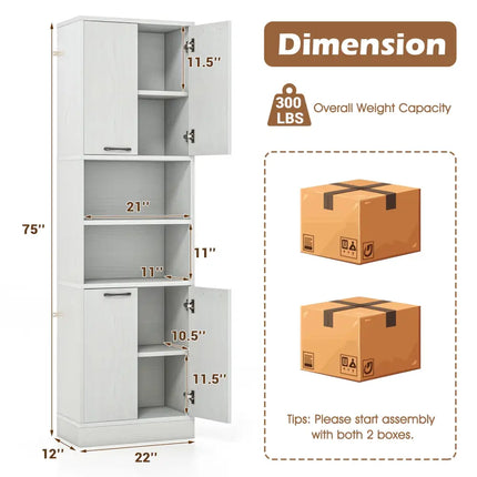 75 Inch Kitchen Pantry Cabinet Tall Cupboard with Doors and Shelves-White Oak - Oak - Sideboards Cabinets & Buffets