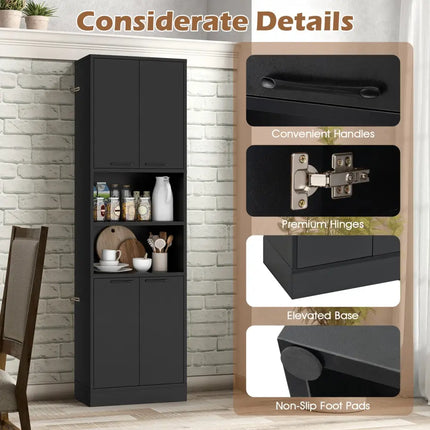 75 Inch Kitchen Pantry Cabinet Tall Cupboard with Doors and Shelves-Black - Black - Sideboards Cabinets & Buffets