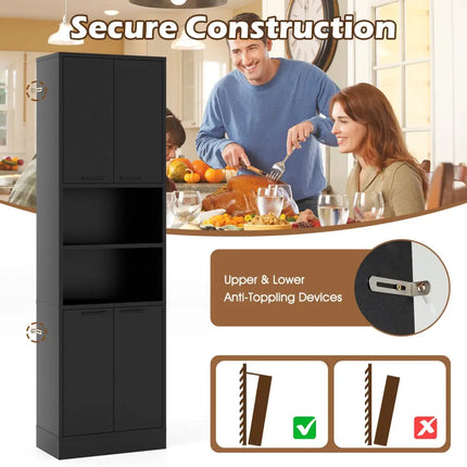 75 Inch Kitchen Pantry Cabinet Tall Cupboard with Doors and Shelves-Black - Black - Sideboards Cabinets & Buffets