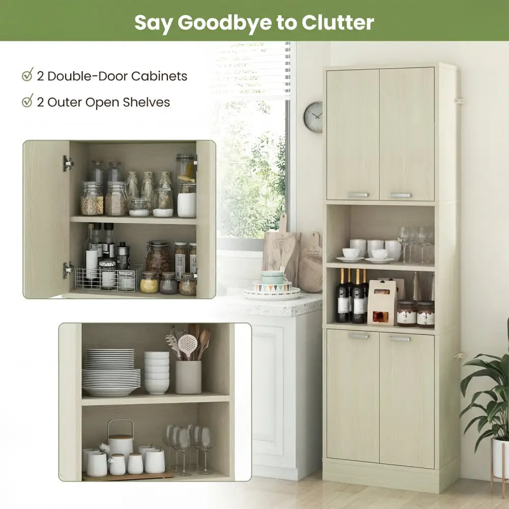75 Inch Kitchen Pantry Cabinet Tall Cupboard with Doors and Shelves-Beige - Beige - Sideboards Cabinets & Buffets