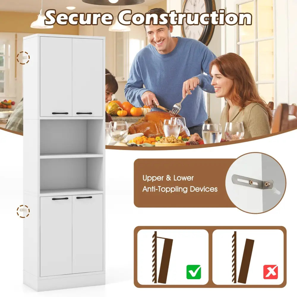 75 Inch Kitchen Pantry Cabinet Tall Cupboard with Doors and Shelves-White - White - Sideboards Cabinets & Buffets