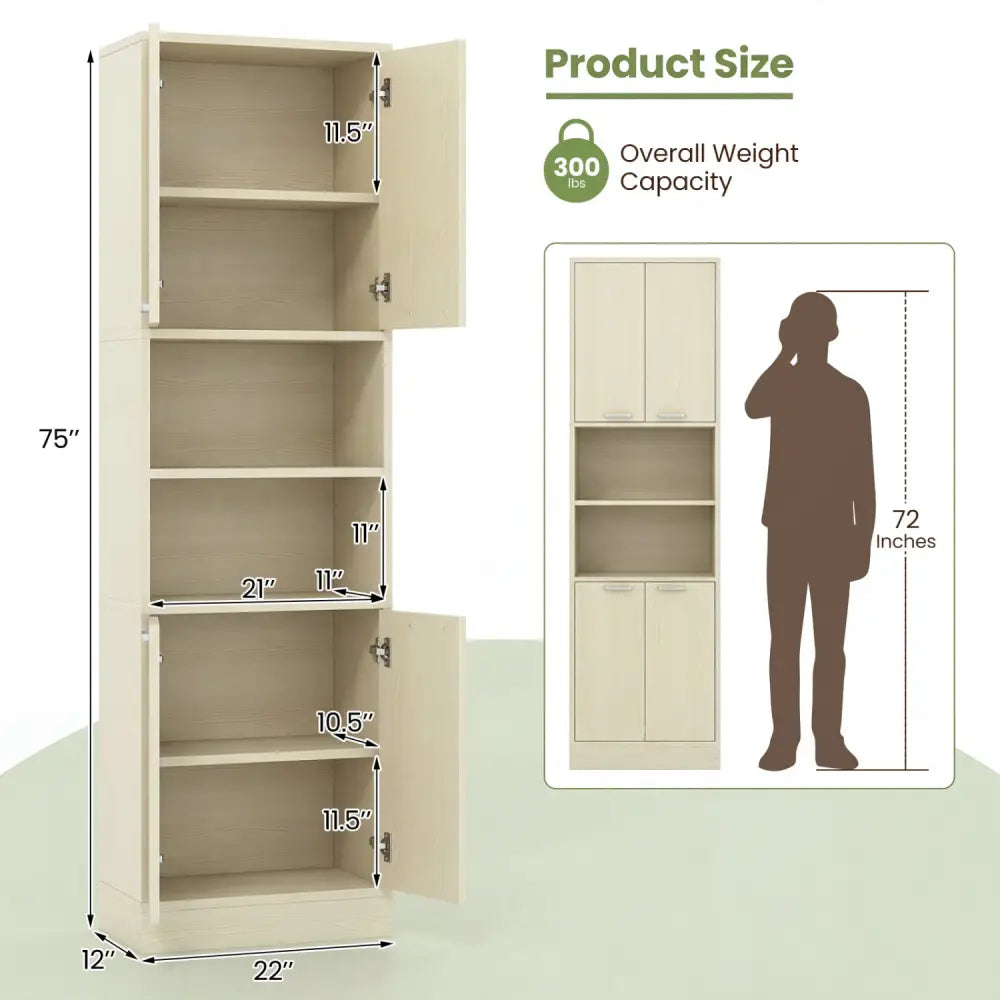 75 Inch Kitchen Pantry Cabinet Tall Cupboard with Doors and Shelves-Beige - Beige - Sideboards Cabinets & Buffets