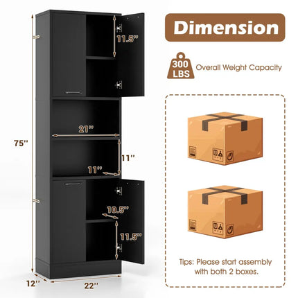 75 Inch Kitchen Pantry Cabinet Tall Cupboard with Doors and Shelves-Black - Black - Sideboards Cabinets & Buffets