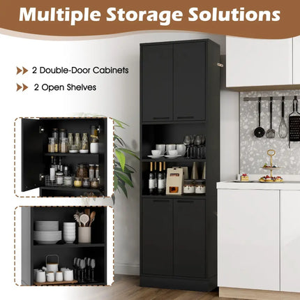 75 Inch Kitchen Pantry Cabinet Tall Cupboard with Doors and Shelves-Black - Black - Sideboards Cabinets & Buffets