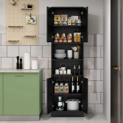 75 Inch Kitchen Pantry Cabinet Tall Cupboard with Doors and Shelves-Black - Black - Sideboards Cabinets & Buffets