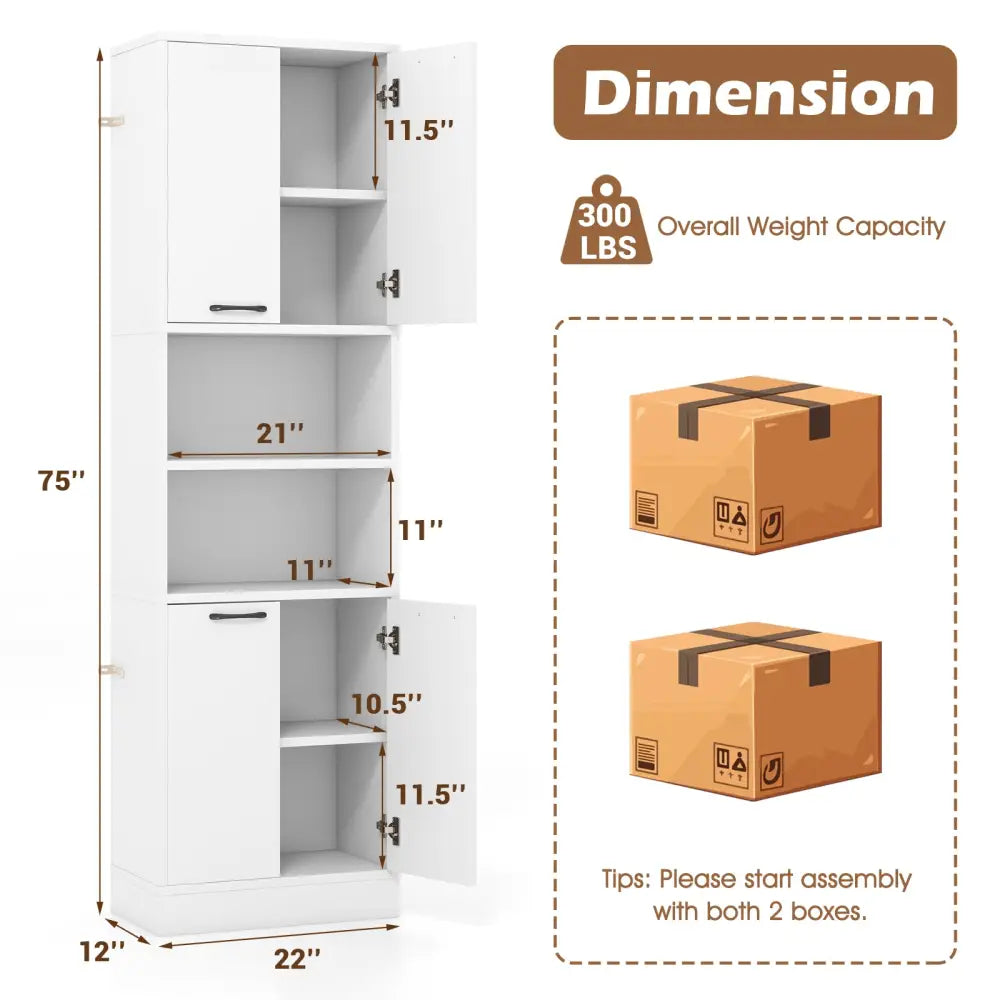 75 Inch Kitchen Pantry Cabinet Tall Cupboard with Doors and Shelves-White - White - Sideboards Cabinets & Buffets