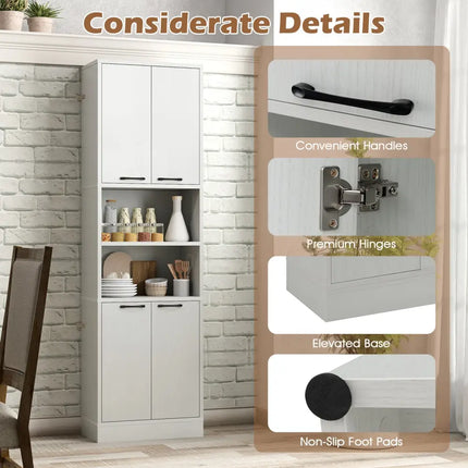 75 Inch Kitchen Pantry Cabinet Tall Cupboard with Doors and Shelves-White Oak - Oak - Sideboards Cabinets & Buffets